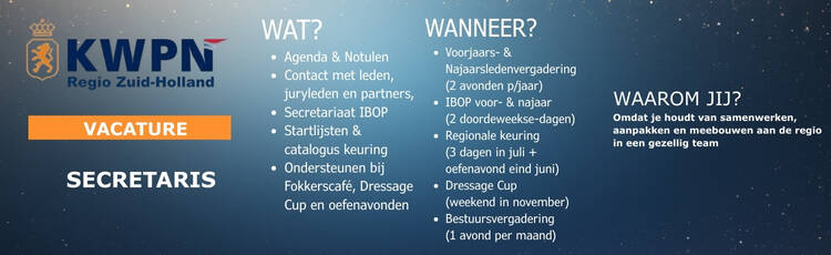 VACATURE ALERT!  SECRETARIS KWPN REGIO ZUID-HOLLAND